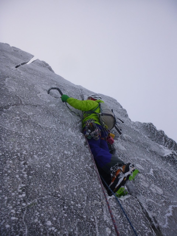 On the off-width chimney of Pinnacle Arete, Ben Nevis