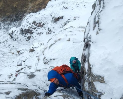 The crux of Curved Ridge in winter.