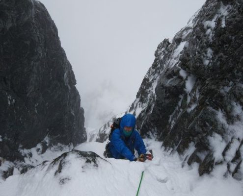 Guiding Comb Gully on a Winter Climbing Course